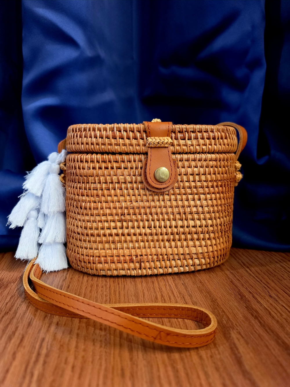 Tan Woven Rattan Crossbody Bag with White Tassels